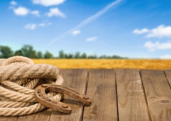 Horseshoe and rope on wooden surface with