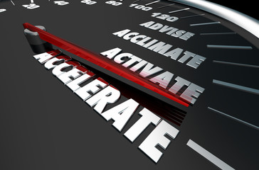 Naklejka premium Advise Acclimate Activate Accelerate Speedometer Words 3d Illustration