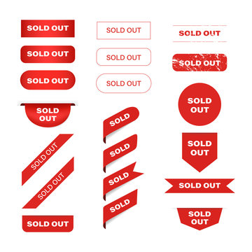 SOLD OUT red banner label and tag ribbon vector design.