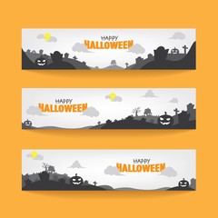 Monochrome Halloween Banner Set. Eerie Shilouette Scenery Illustrations. Papercut Style Vector.