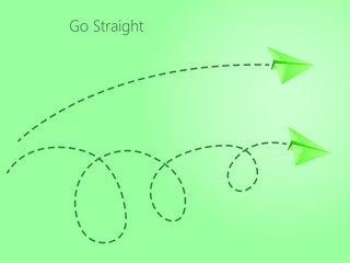 Straight and curvy flight of green paper plane on green background to compare simple and complex path in the sky