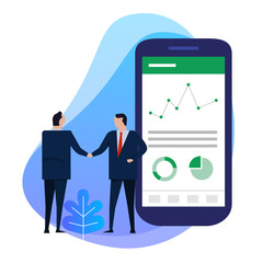 Business man hand shake with big smart phone shows analytics chart data pie financial information on screen.