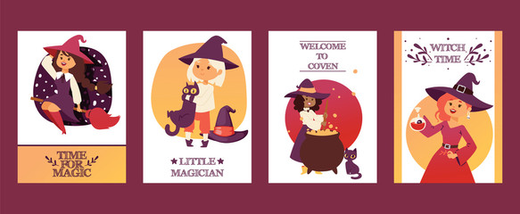 Fototapeta premium Cute little Halloween girl witchs with broom cartoon set of happy Halloween greeting invintation poster card party design print magic card fantasy young character costume hat vector illustration