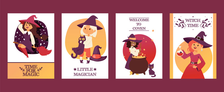 Cute Little Halloween Girl Witchs With Broom Cartoon Set Of Happy Halloween Greeting Invintation Poster Card Party Design Print Magic Card Fantasy Young Character Costume Hat Vector Illustration