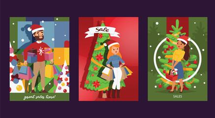 Christmas winter sale vector happy smile family man with woman together shopping bags 2019 Xmas shopping big offer banner to buy gifts advertising poster flyer illustration market sale shopping