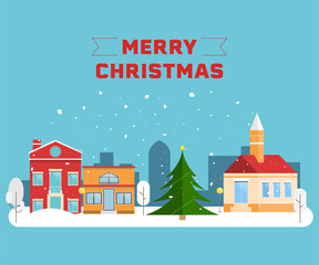 Winter town and snowing background, panorama,landscape,cityscape. vector illustration flat style.