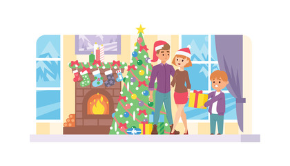 Happy family celebrate Christmas time New Year at house ogether. Mother, father and kids characters flat vector style at home interior family still life