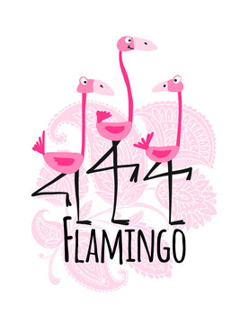 Cute pink flamingos on floral background, sketch for your design