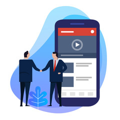 Business man hand shaking deal agreement. Video content creator on smart phone. Digital information.