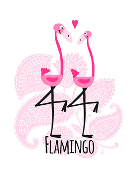 Couple of pink flamingos on floral background, sketch for your design