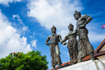 Fototapeta na wymiar old Three Kings Monument Builders is tourist attraction of Chiang Mai, Thailand. August 7, 2018