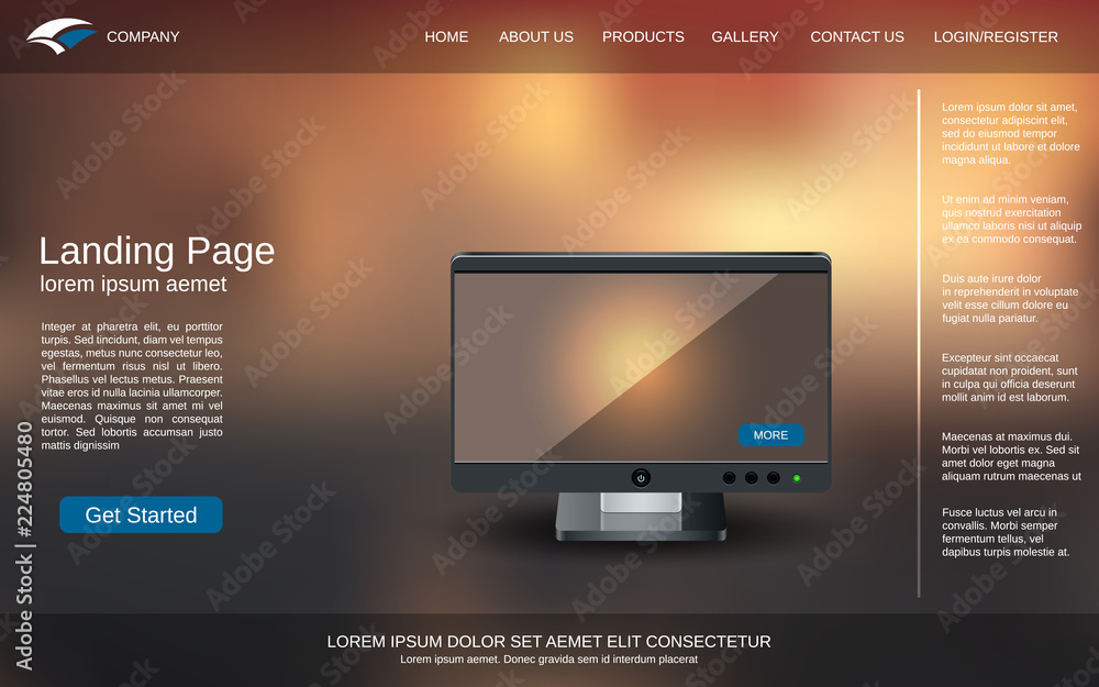 Poster website landing page design template. colorful blurred vector background with desktop monitor illust