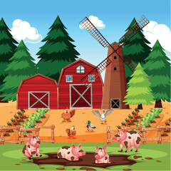 Farm scene with animals and crops