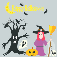 Halloween flat design elements a witch pumpkin ghost and blackjack skull gravestone and bat