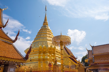 Fototapeta premium Buddhist Temple name Wat Phra That Doi Suthep in Chiang Mai city, Thailand - The most beautiful golden stupa in Thai. ​