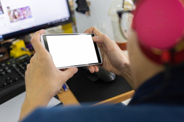 men using blank screen of smartphone