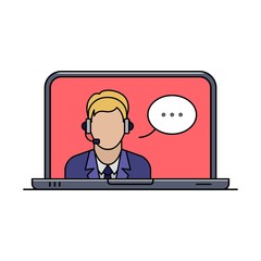Support phone operator in headset on computer screen. Online assistance outline icon with laptop. Call center service thin line pictogram. Phone consultation and marketing company vector illustration