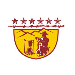 Cowboy Drinking Coffee Campfire Shield Mascot