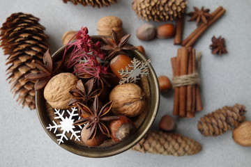 Decorative Christmas , nuts, cinnamon and anise stars.   Christmas time . Seasonal and holidays concept
