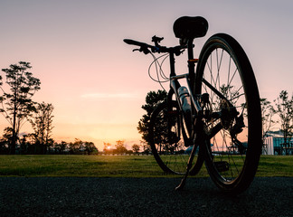 Naklejka premium Ready to exercise by mountain bike in the morning at public cycling