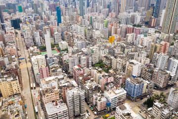 Drone fly over Hong Kong tall building
