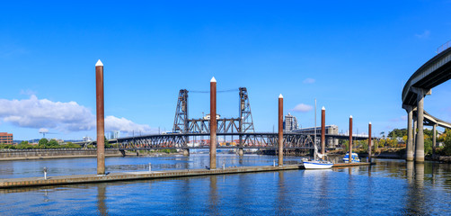 View of Portland Steel Bridge, overlooking the willamette river