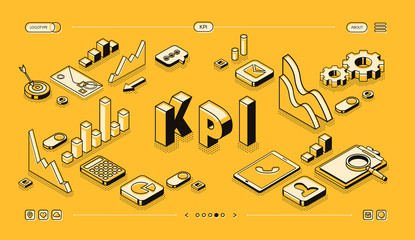 KPI business performance strategy and analysis vector illustration in thine line isometric design on yellow halftone background. Company management, growth indicators and infogrpahic charts