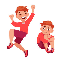 happy child jumping with joy and sad child sitting hugging his knees. bad and good mood. Little boy different poses and emotion cartoon vector set illustration full-length