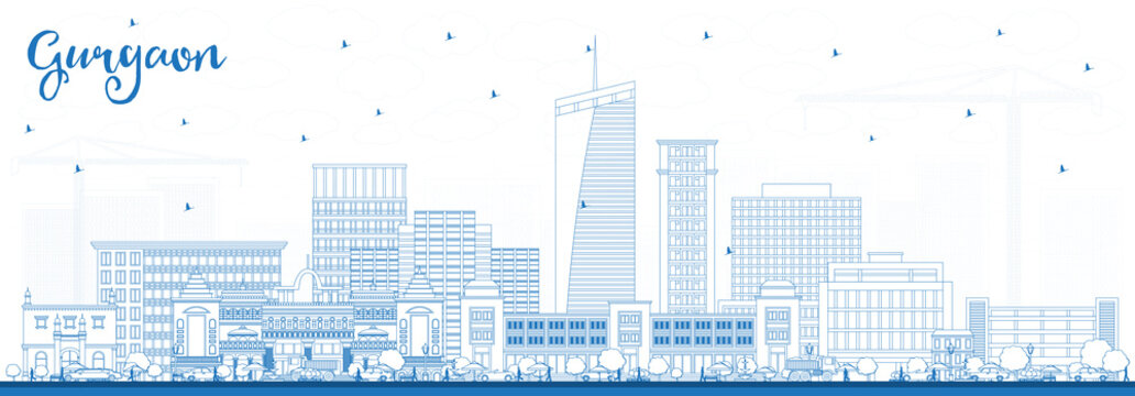 Outline Gurgaon India City Skyline with Blue Buildings.