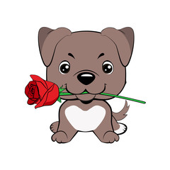 Cute puppy with a flower cartoon hand drawn vector illustration. Can be used for t-shirt print, kids wear fashion design, baby shower invitation card.