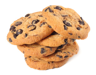 Chocolate chip cookies isolated on white background. Sweet biscuits. Homemade pastry.