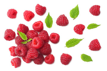 ripe raspberries with green leaf isolated on white background. top view