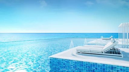Foto op Plexiglas Sunbathing deck and private pool at luxury vila,Relaxing summe,beach lounge,  /3d rendering © LEKSTOCK 3D