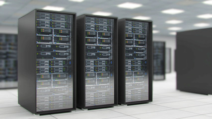 Server room center exchanging cyber datas and connections 3D rendering