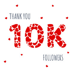 Thank you 10000 followers numbers postcard. Congratulating heart flat style gradient 10k thanks image vector illustration isolated  white background. Template for internet media and social network.