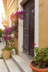 steps leading to the old door on the street, ceramic pots with geraniums and other flowers