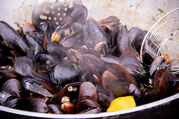 Delicious mussels in a large frying pan, street food