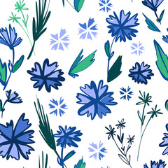 Floral seamless pattern with different flowers and leaves.