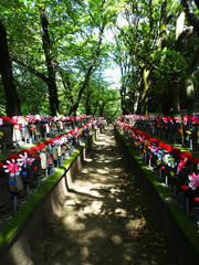 赤い帽子の地蔵様と緑の小道