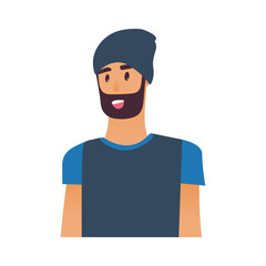 Portrait to waist of young bearded man with hat isolated on white background - cartoon male character in blue t-short. Flat design style. Vector illustration.