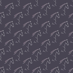 Seamless pattern with white horses, pink mane, violet background. Realistic vector illustration.