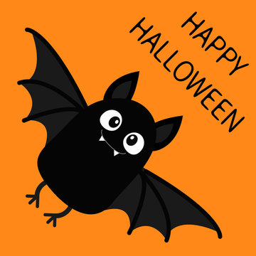 Happy Halloween. Flying bat vampire. Cute cartoon baby character with big open wing, ears, legs. Black silhouette. Forest animal. Flat design. Orange background. Isolated. Greeting card.
