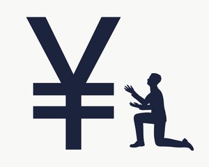 Obraz premium Silhouette of man in prayer pose. Man and symbol of yen currency.