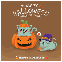 Vintage Halloween poster design with vector witch cat character. 