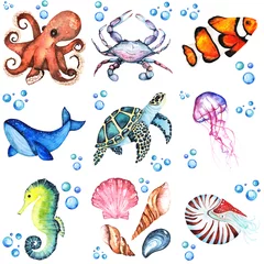 Papier Peint photo Lavable Vie marine Watercolor illustration set of many differentent sea animasls