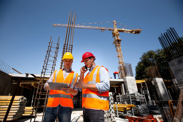 Structural engineer and architect dressed in orange work vests and  hard bats  discuss the construction process by the phone and use tablet  on the open building site near the crane