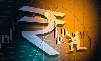 Trading chart concept. Financial market chart. Man in prayer pose and symbol of rupee currency. 3D rendering