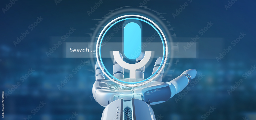 Poster cyborg hand holding a ocal search system with button and icon 3d rendering
