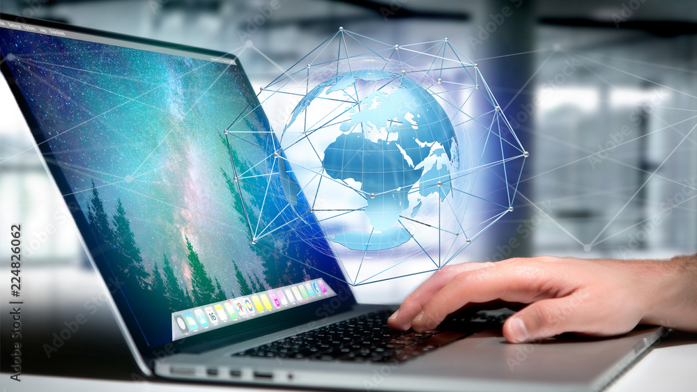 Poster businessman holding a connected network over a earth globe concept on a futuristic interface - 3d re