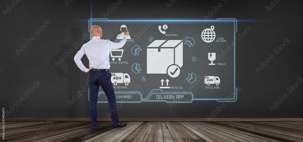 Poster logistic delivery application screen 3d rendering